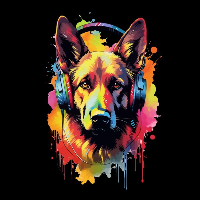 Bunter Deutscher Schäferhund mit Kopfhörer