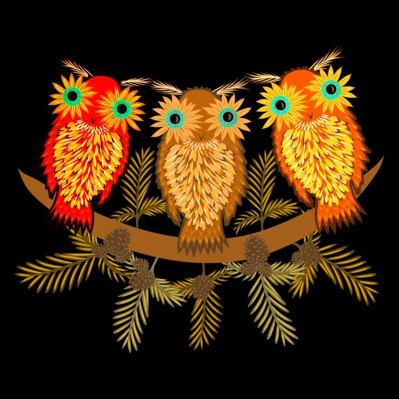 Three colorful owls with pine tree branches