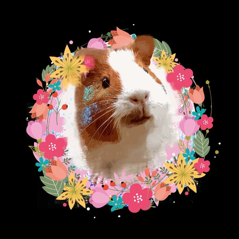 Cochon d’Inde, peinture, couronne florale, fleurs