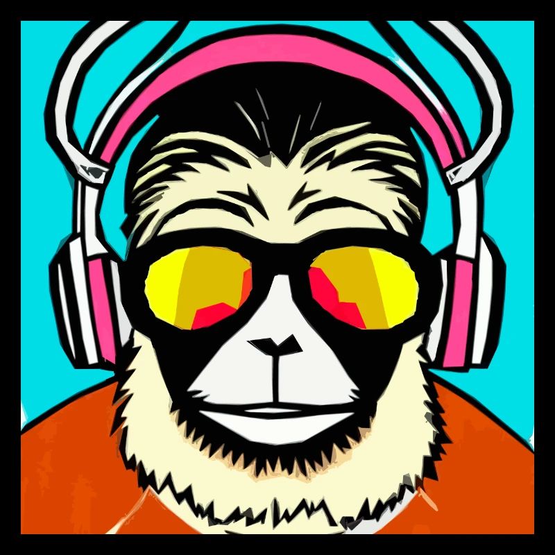 Affe hört Musik mit Kopfhörern
