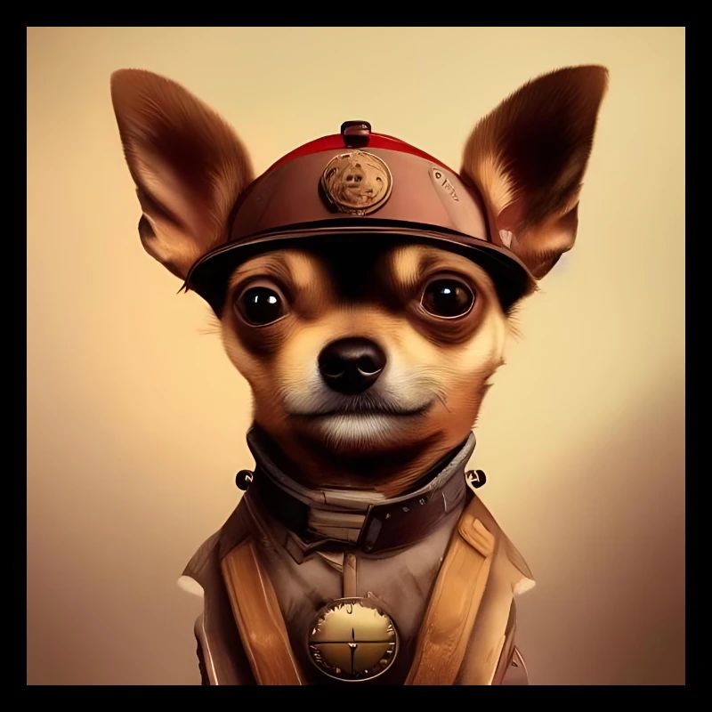 Brauner Steampunk Chihuahua mit Hut und Emblem