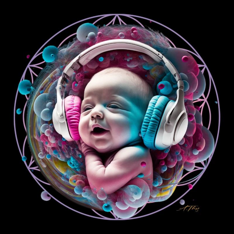 Bébé écoute de la musique dans le ventre de sa mère, fleur de vie