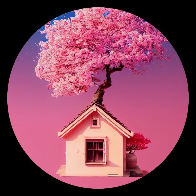 Maison de fées entourée de sakura roses