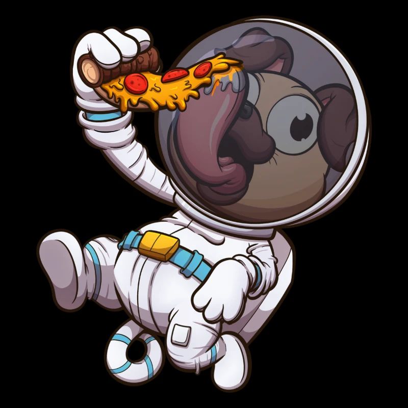 Carlin astronaute mangeant une tranche de pizza