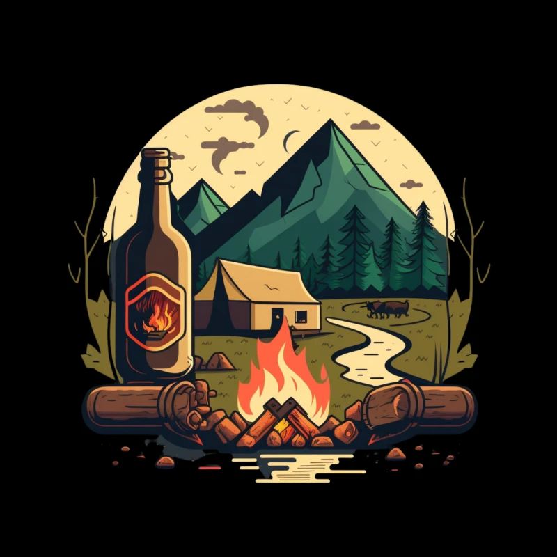 Camping avec feu de camp et bière dans la nature