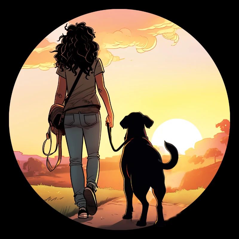 Frau mit Labrador im Sonnenuntergang