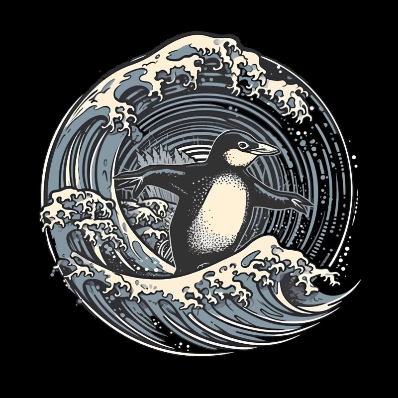 Pinguin surft auf Welle