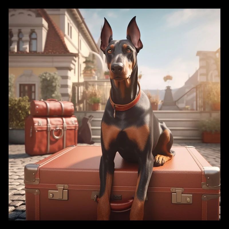 Doberman en vacances sur une valise