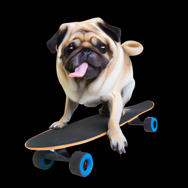 Mops auf Skateboard AICF 1