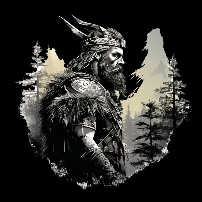 Wikinger schaut in einem Wald in die Ferne