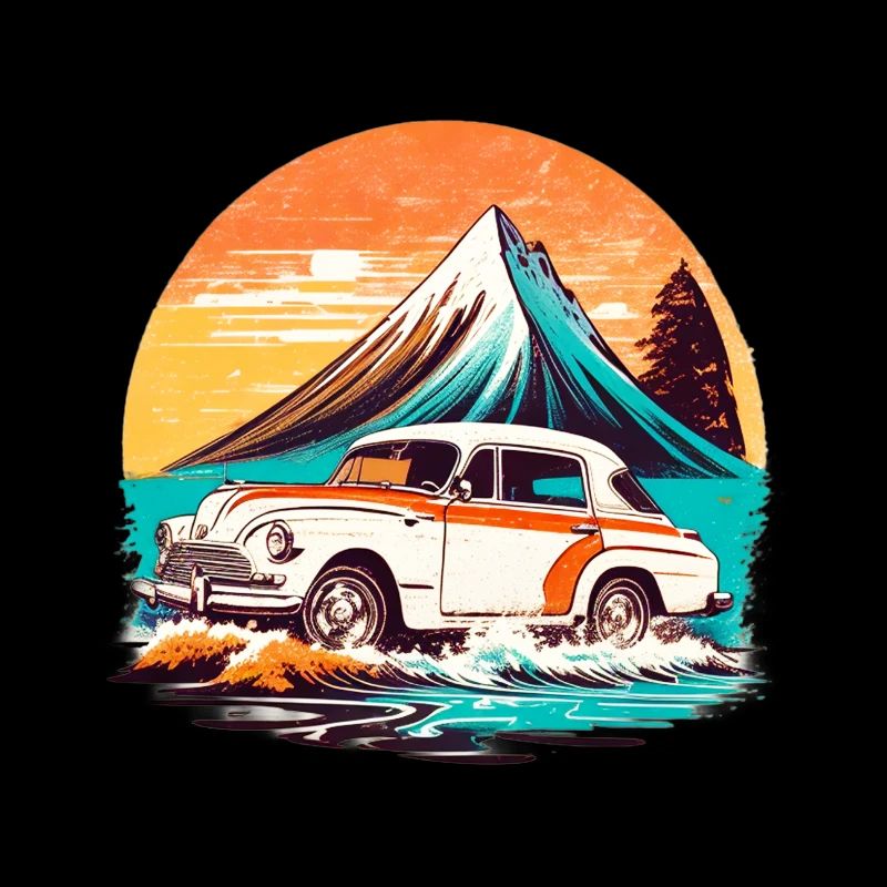 Vintage - Beach View with Old Car