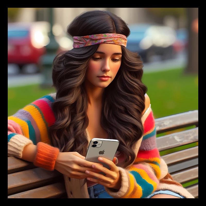 80s young woman using on park bench with smartphone