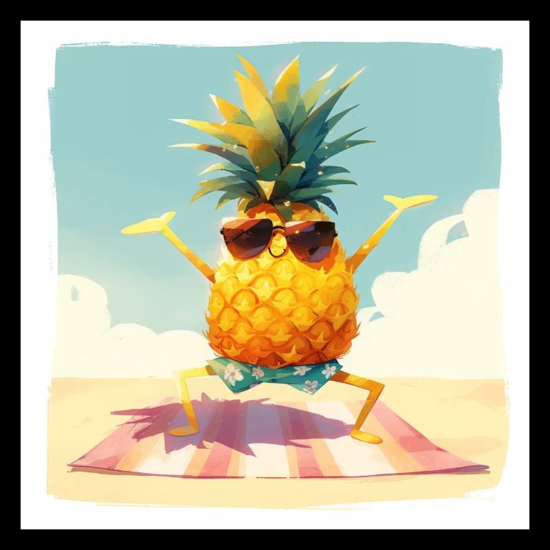 Drôle d’ananas dansant/faisant de l’exercice sur la plage