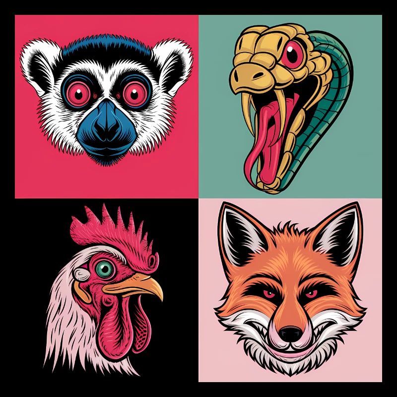 pop-art Schlange Fuchs Hahn Lemur
