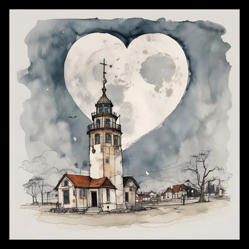 Kirche / Leuchtturm im Dorf unter Mond-Herz-Form
