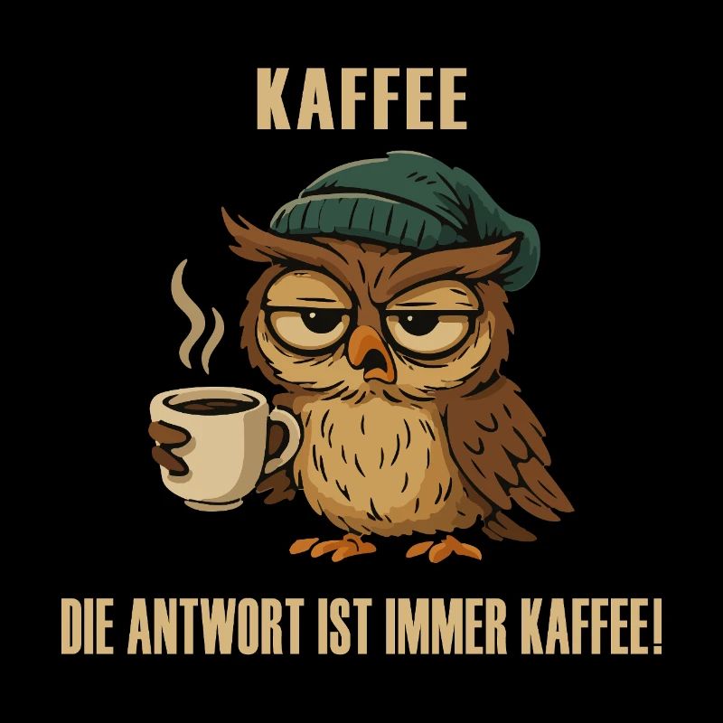 Müde Eule mit Kaffee – lustiger Spruch.