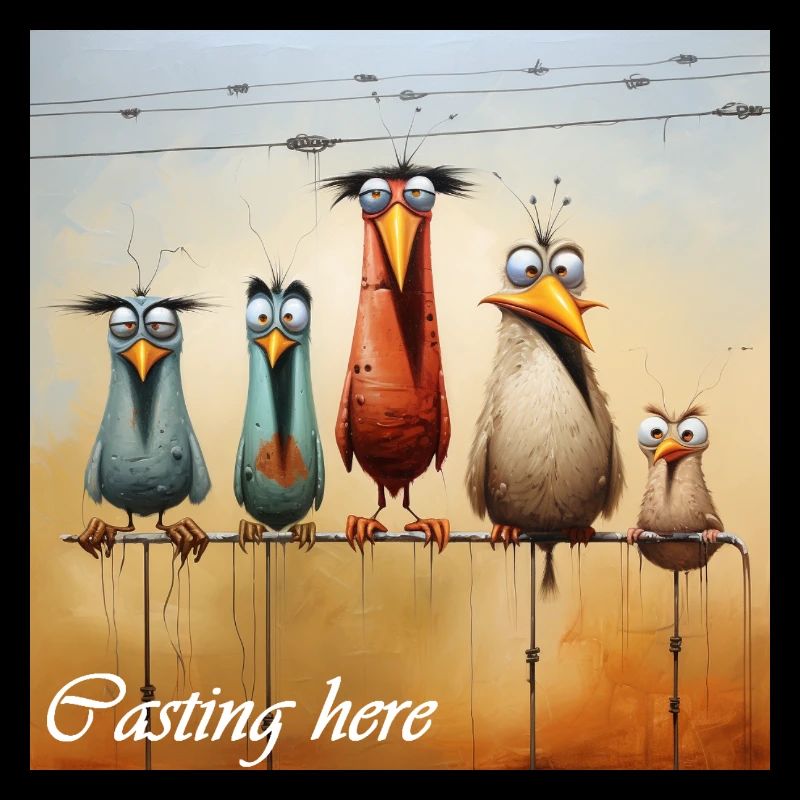 Casting Here Schriftzug 5 komische Vögel Stange