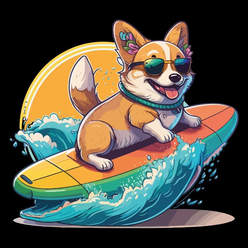 süßer corgi surft - sommer urlaub tropical