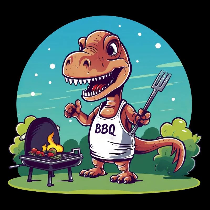 Cute Comic Dino at Barbecue