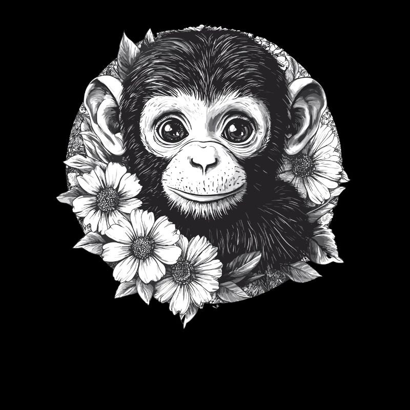 Singe noir et blanc avec des fleurs