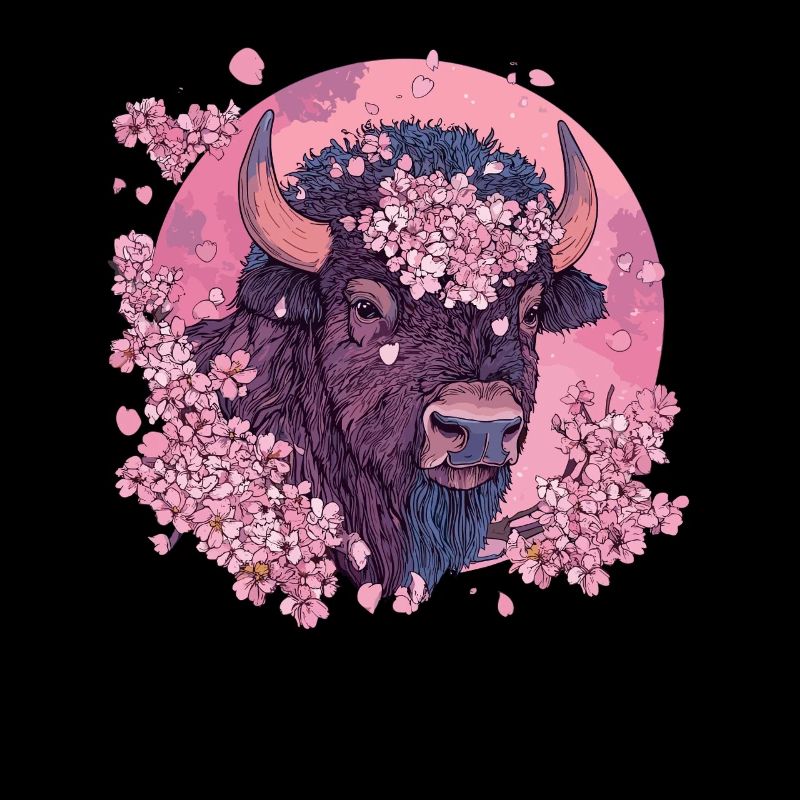 Bison mit Kirschblütenkranz