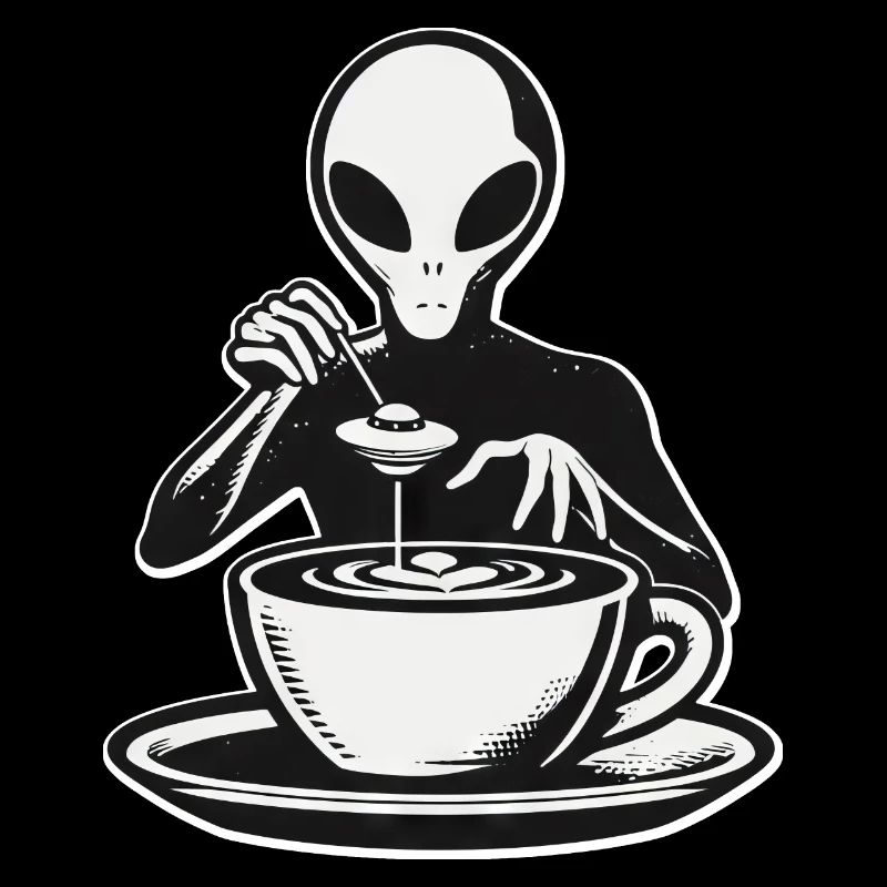 Alien Barista Silhouette mit UFO-Kaffee
