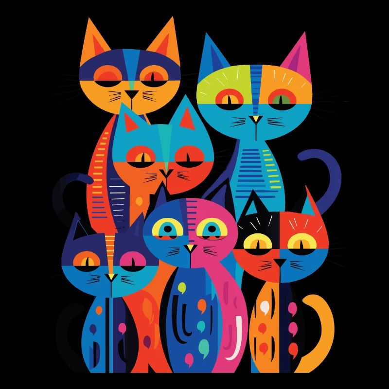 Groupe de chats avec un design abstrait et coloré