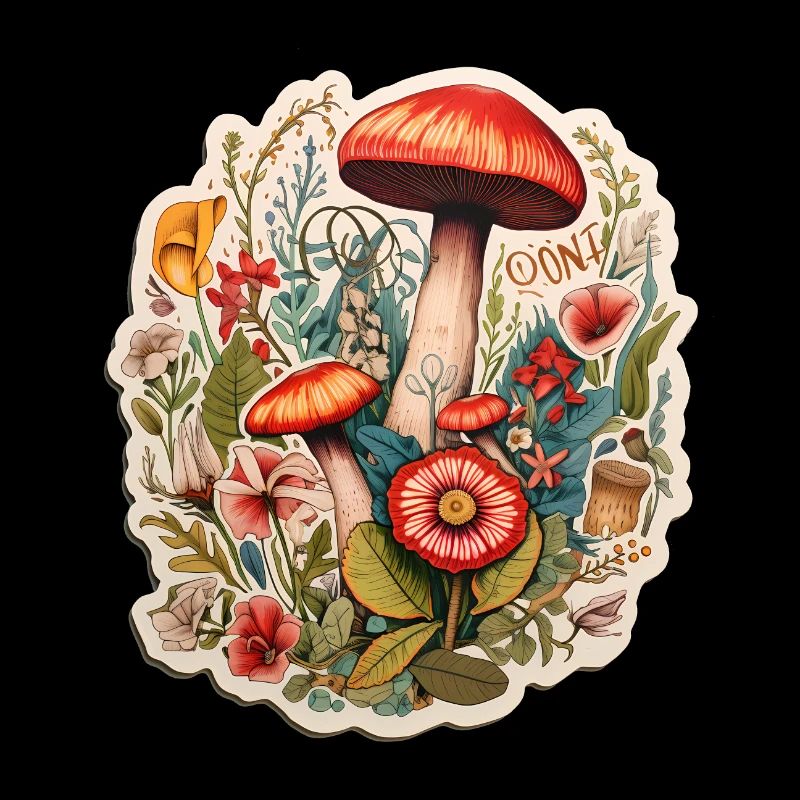 Boho Kunst mit Pilzen und Blumen