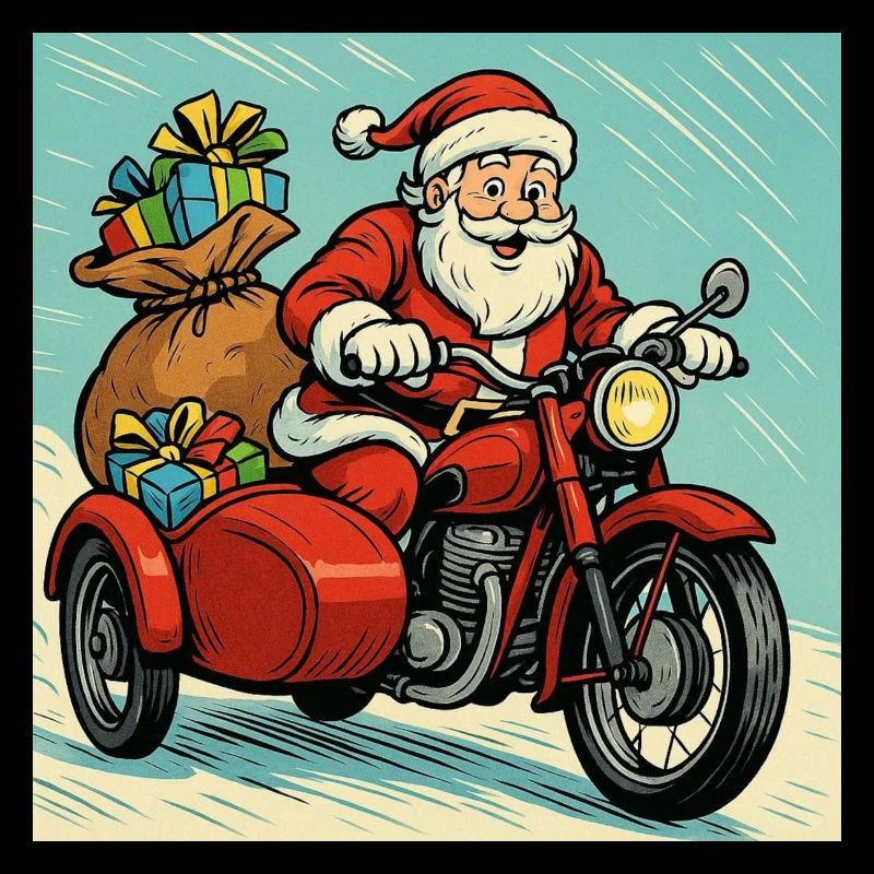 Weihnachtsmann auf einem Motorrad mit Seitenwagen – Comic-Stil