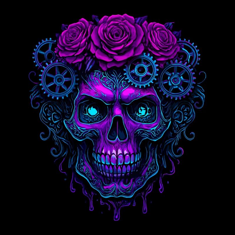 Neon Kybernetisch Schädel mit rosa Zahnrädern