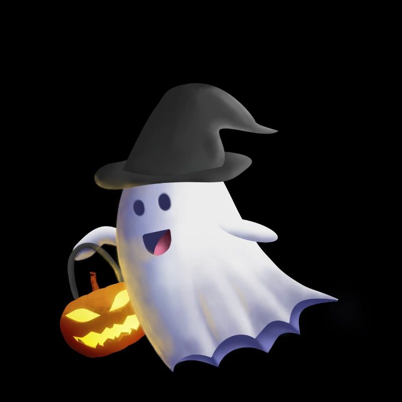 Ghost with Witch Hat and Jack-o'-Lantern