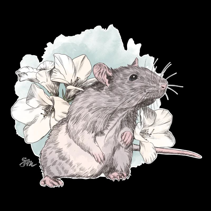 Rat devant de délicates fleurs sur une masse aquarelle