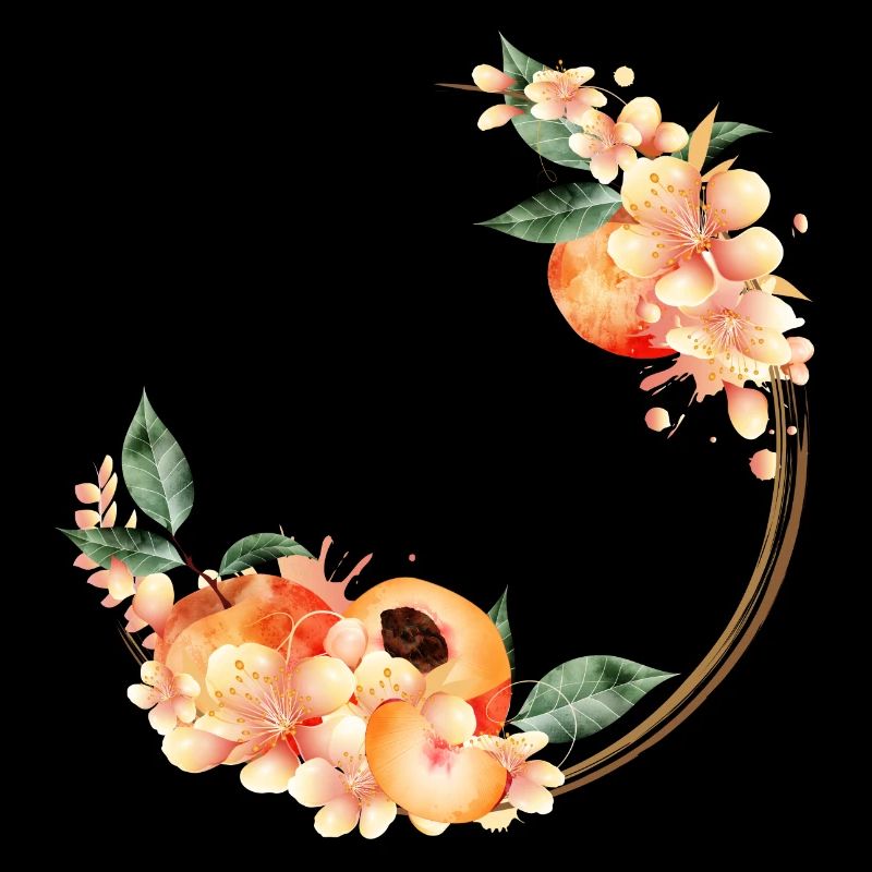 Moitié de pêche, pêches, fleurs de pêcher en couronne