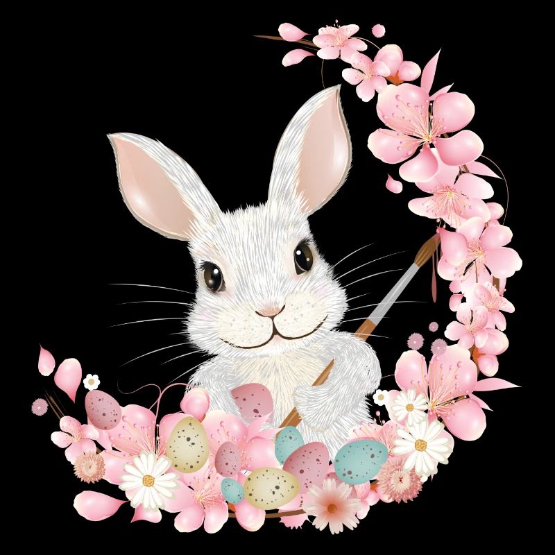 white easter bunny with flowers and brush for easter