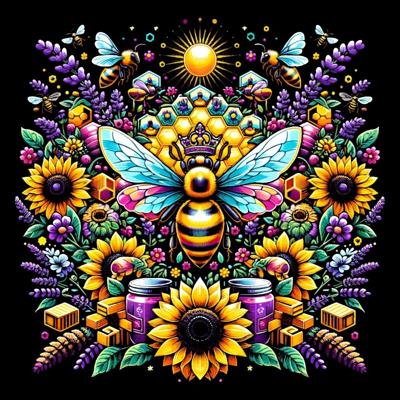 Vibrant, colorful artwork with bees