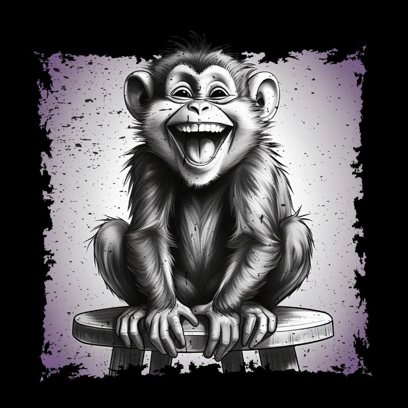 Singe riant assis sur un tabouret