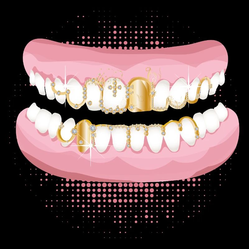 Deux rangées de dents avec un motif de grilles dorées opulentes