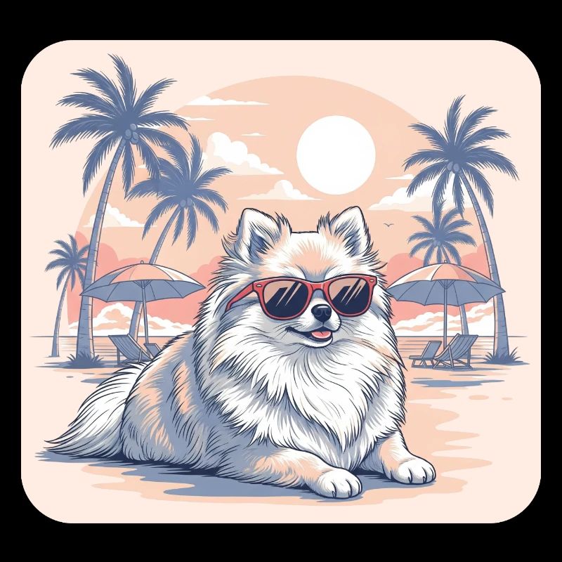 Zwergspitzer Hund mit Brille am Strand