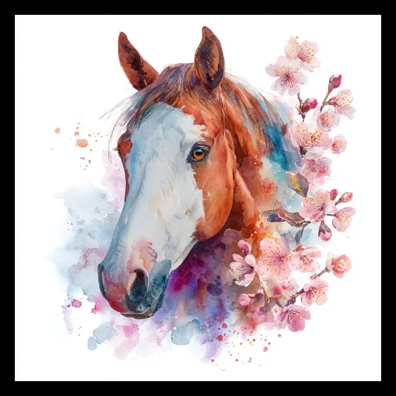 Aquarelle Cheval et Fleurs de cerisier