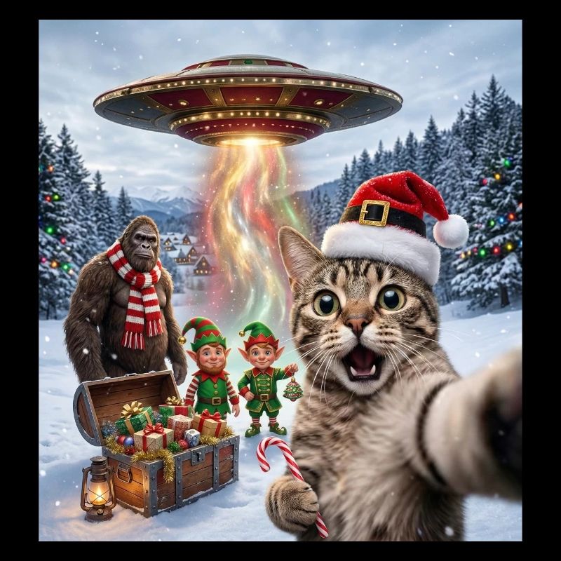 Chat de Noël dans un selfie d’OVNI