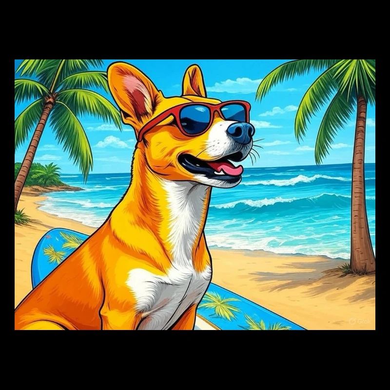 Chien de plage avec planche de surf et lunettes de soleil