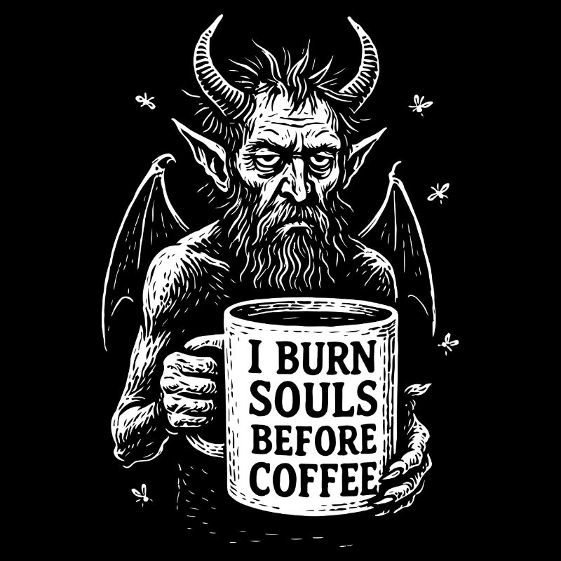 Devil with Coffee Mug I Burn Souls Before Coffee