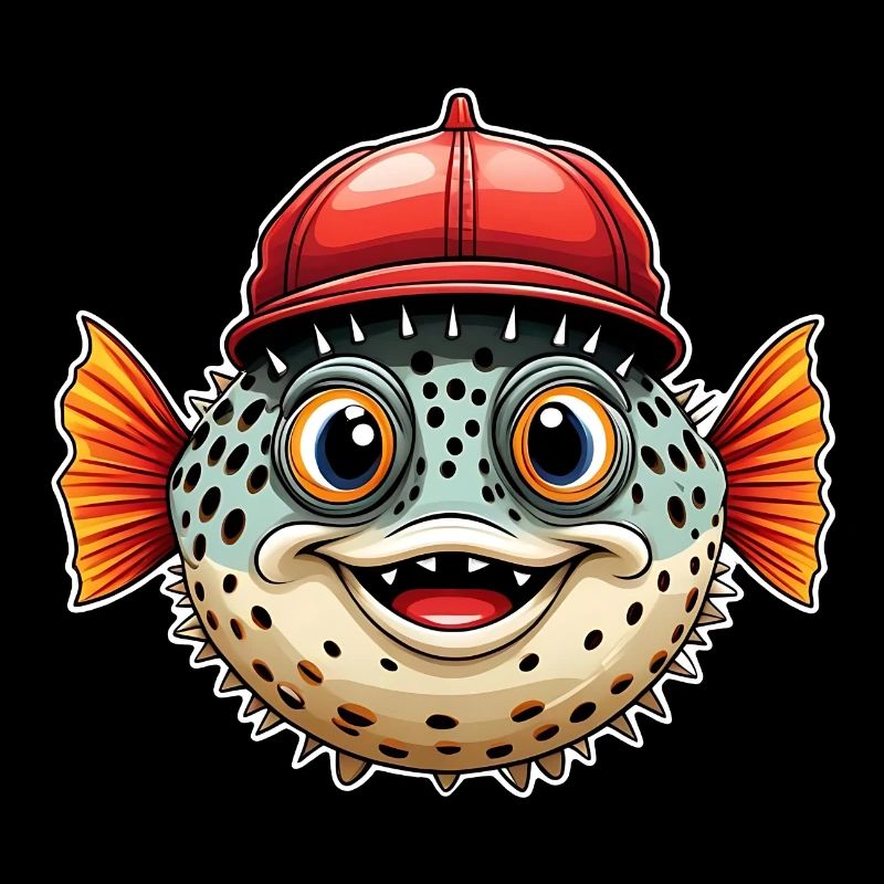 Funny puffer fish with red baseball cap