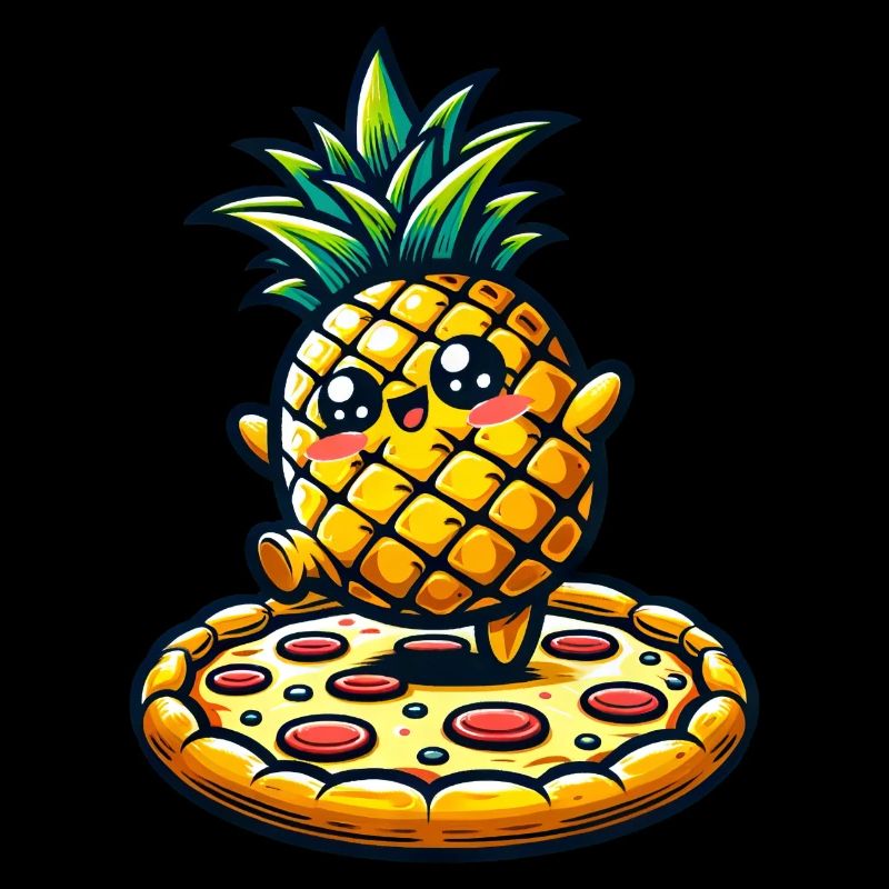 Ananas kawaii dansant sur une pizza