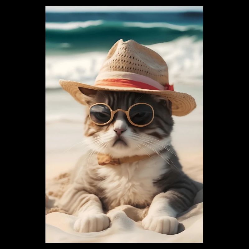 Chat cool sur la plage avec lunettes de soleil et chapeau