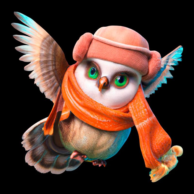 Fliegende Eule mit Schal und Mütze