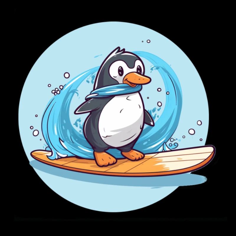 Pingouin surfeur mignon sur une planche de surf