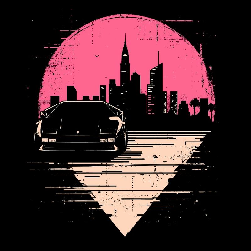 Synthwave 80er Retro Auto Skyline Motiv Geschenk