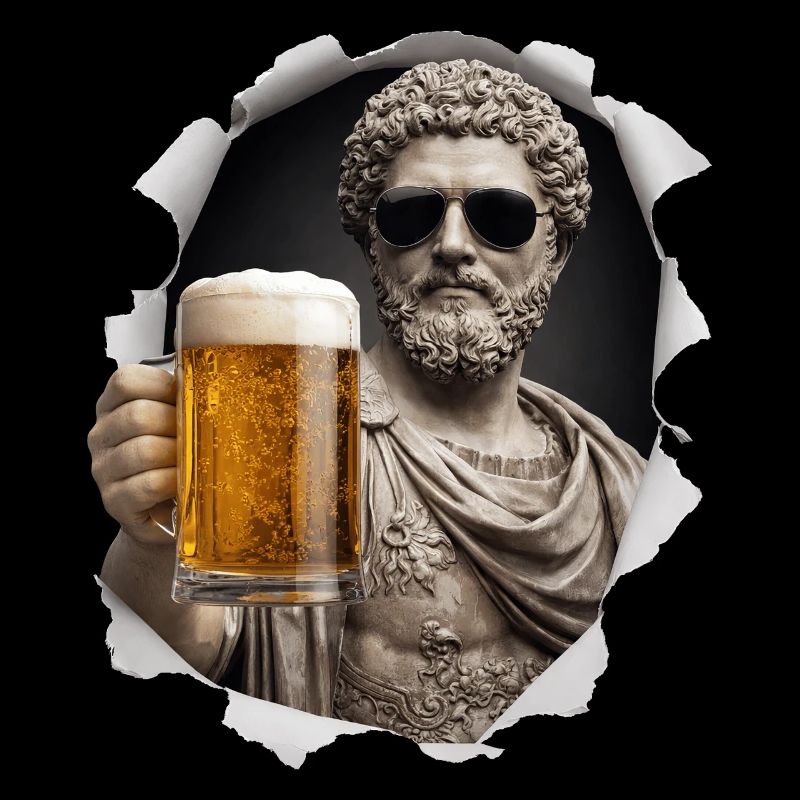 Marcus Aurelius mit Sonnenbrille und Bier
