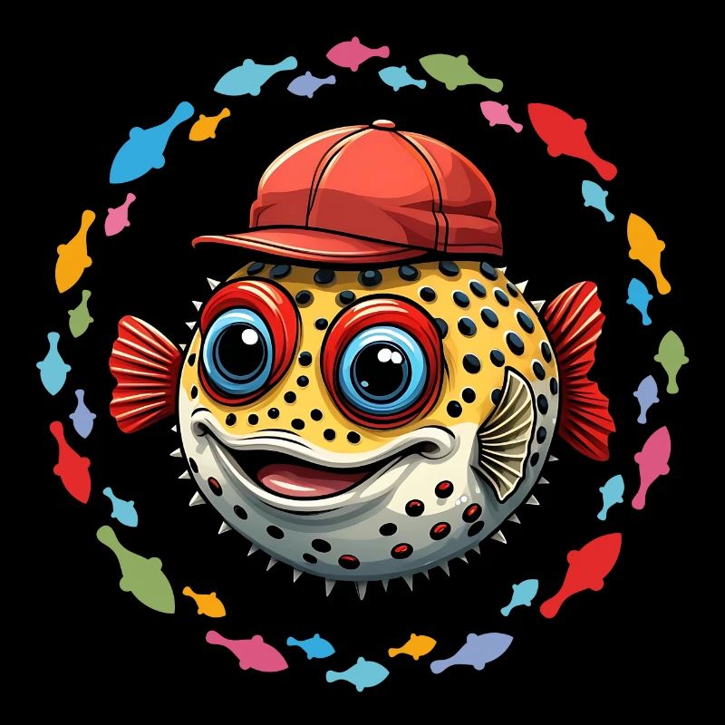 Puffer fish with red baseball cap and colorful fish